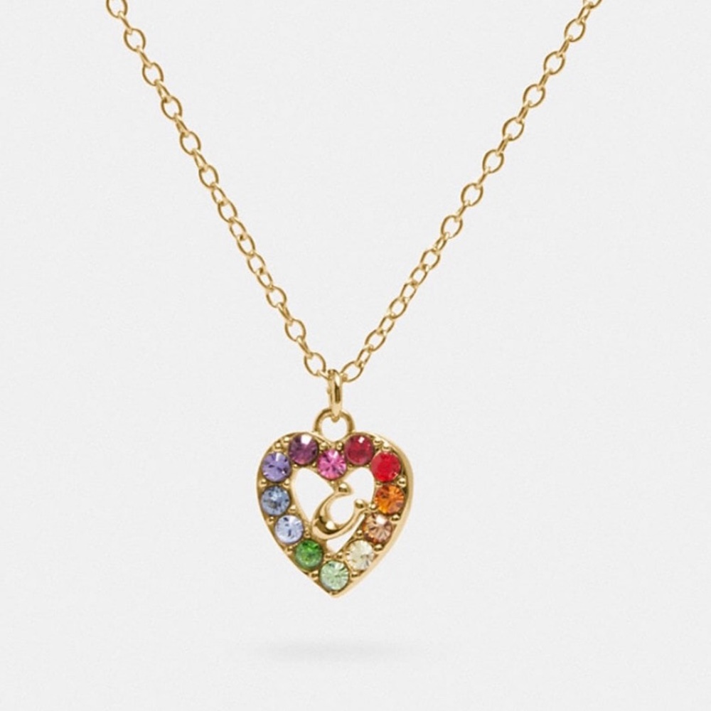 NWT Coach Rainbow Pave Sculpted Signature Heart Slider Necklace MSRP $125
